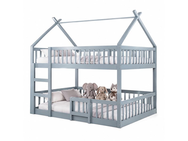 Lit superposé enfant 200×140 cm avec escalier, barrières et porte ouvrante, en bois gris - Conforama A