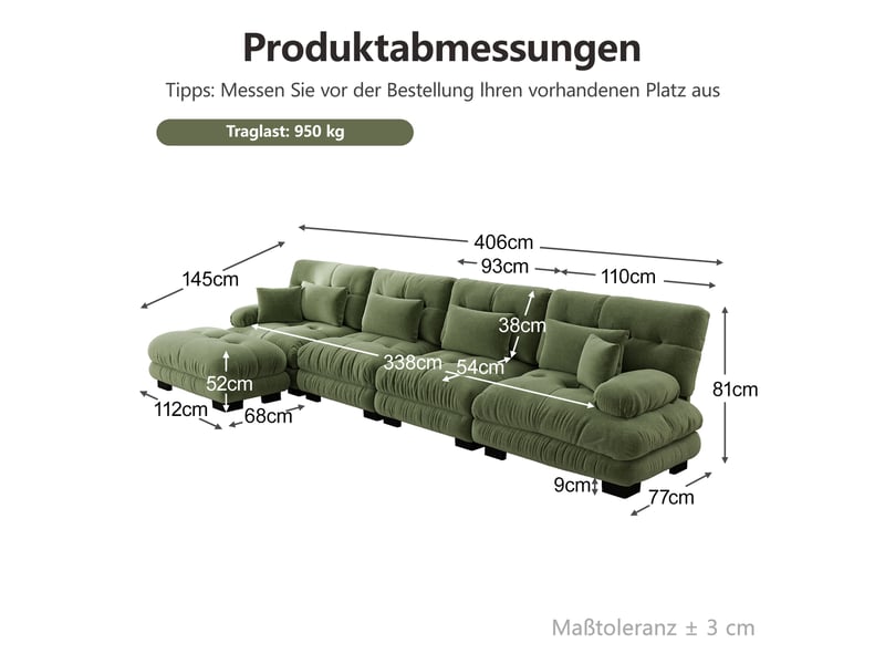 Canapé d'angle, canapé modulable – style cloud, vert, pouf amovible, en chenille, 4 places - Conforama W
