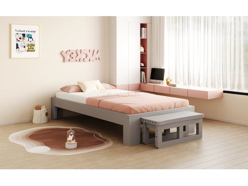  Lit évolutif enfant 90x200cm gris, lit bas avec barrières ou lit simple avec banquette au pied, structure bois et sommier à lattes, pour la chambre  - Conforama E