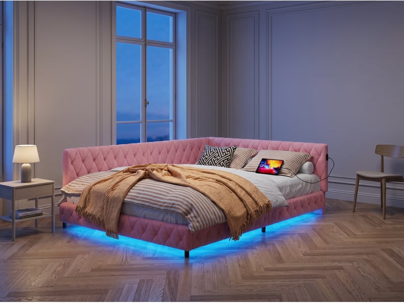 Lit coffre 140x200 cm led rgb sous-lit, lit capitonné avec usb, sommier à lattes - Conforama D