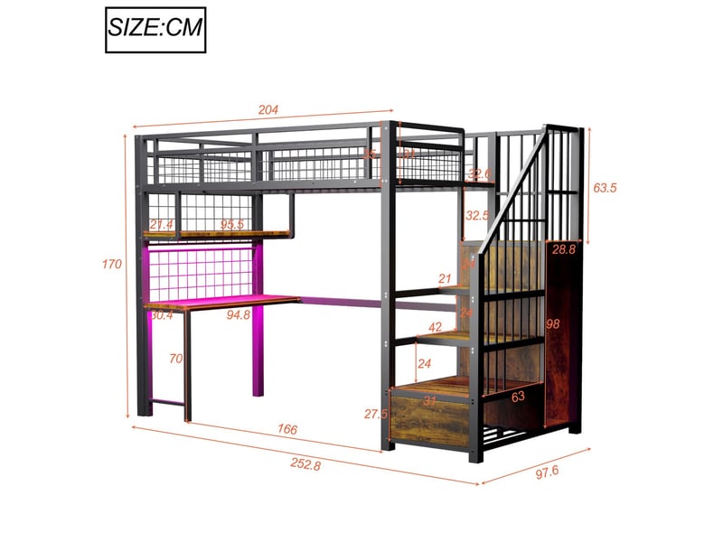  Lit mezzanine 90x200cm avec bureau, armoire et led - lit simple - métal noir, échelle rangement, prises intégrées  - Conforama C