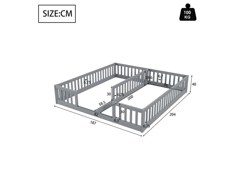 Lit enfant bas 2 places 90×200 cm, barrières de sécurité  - sans matelas, pin et mdf gris  - Conforama D