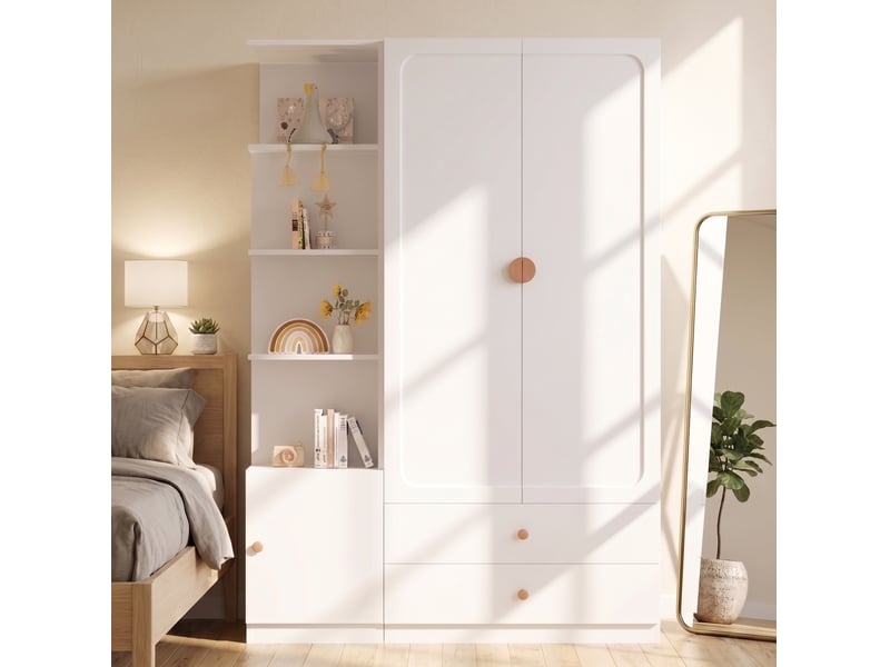  Armoire 135x45x200 cm à portes battantes, 2 tringles, 2 tiroirs, poignées en bois, mdf, bois et métal, blanc  - Conforama B