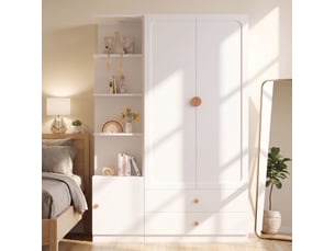 Armoire 135x45x200 cm à portes battantes, 2 tringles, 2 tiroirs, poignées en bois, mdf, bois et métal, blanc