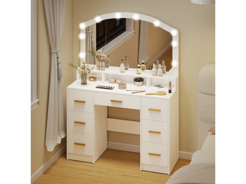 Coiffeuse blanche avec miroir lumineux led, 3 teintes, 7 tiroirs et 3 niches, 110 x 40 x 150 cm - Conforama B