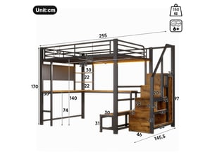 Lit mezzanine 140 x 200 cm, cadre en métal et mdf, bureau et échelle, étagères, usb-c, sans matelas, noir