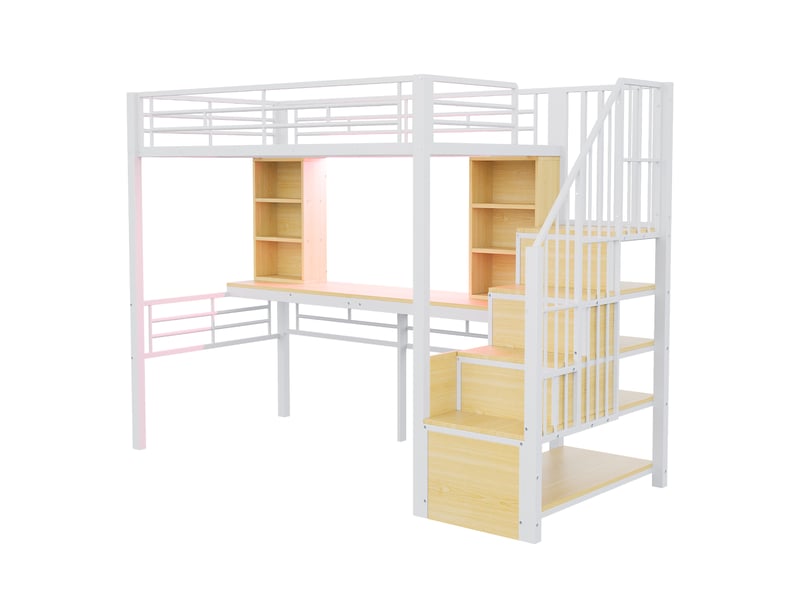  Lit mezzanine métal blanc 90x200 cm, bureau, rangement, escalier réversible, prise et led  - Conforama E