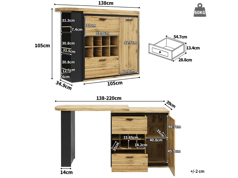  Table extensible 138-220x39x105 cm avec rangement intégré, tiroirs et range-bouteilles, mdf, métal, effet bois  - Conforama C