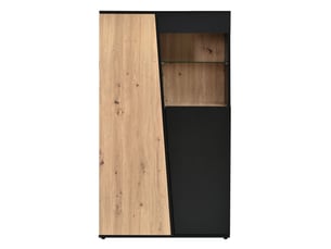 Armoire vitrine led 80x35x139,5 cm double porte, 7 tablettes verre trempé, led bluetooth, mdf noir et bois naturel