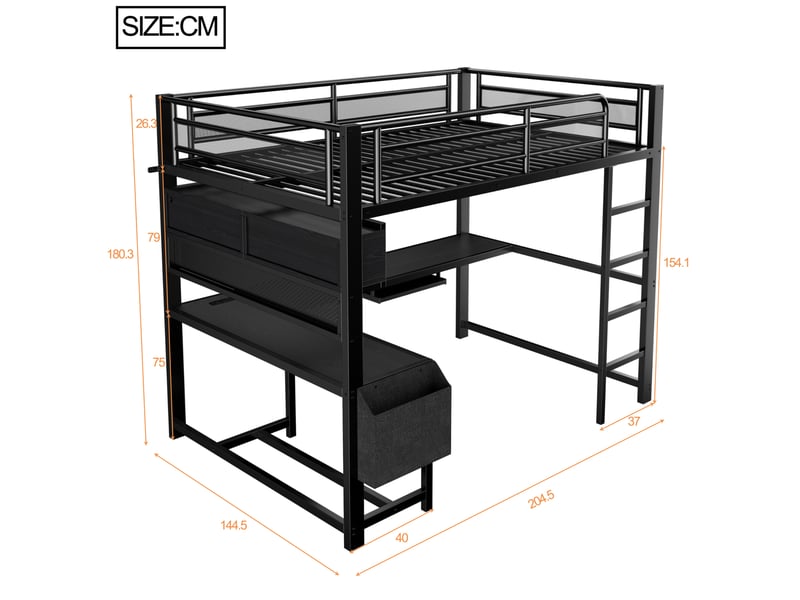Lit mezzanine 140x200 cm, bureau tablette clavier rangements, led 7 couleurs, prises usb mdf métal noir sans matelas - Conforama C