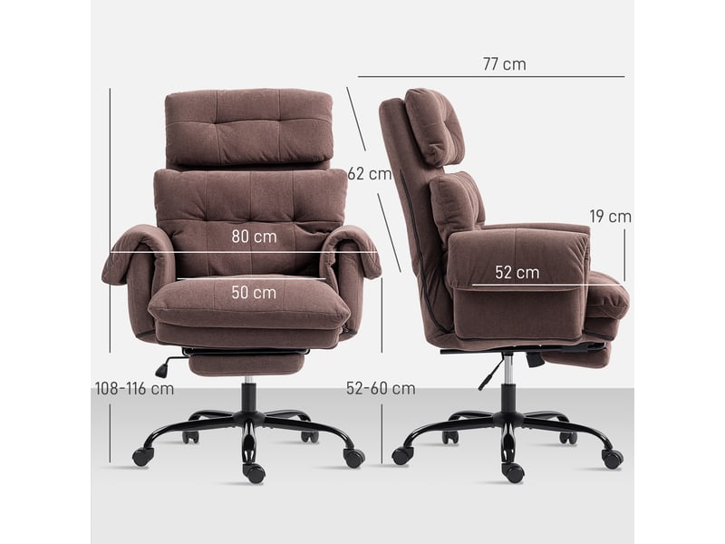 Chaise de bureau avec dossier réglable, chaise de bureau à roulettes rembourrée, fauteuil rembourré, réglable en hauteur, acier, marron - Conforama D