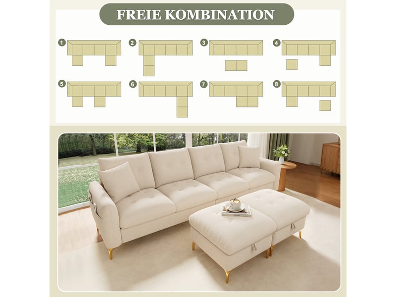  Canapé en u modulable 4 places beige en tissu chenille avec coffres  - Conforama E