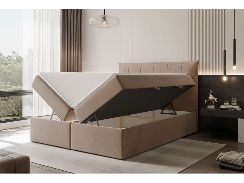 Lit coffre chester - 180x200 cm - avec matelas et surmatelas - velours dense - marron clair CHESTER - Conforama C