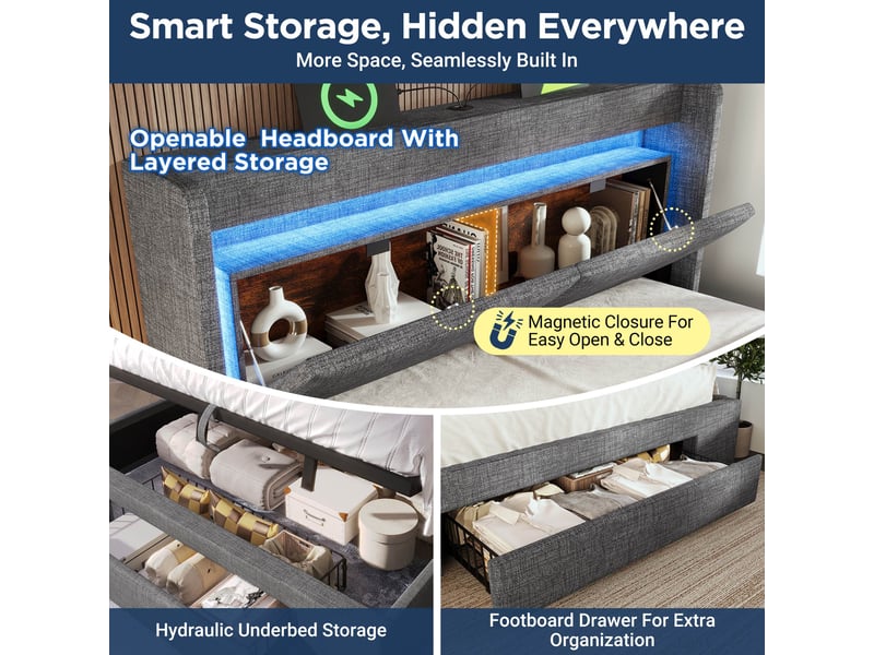  Lit coffre 160x200 cm, rangement hydraulique, tiroirs, tête de lit avec rangement, éclairage led, usb et usb-c pour chambre - gris  - Conforama D