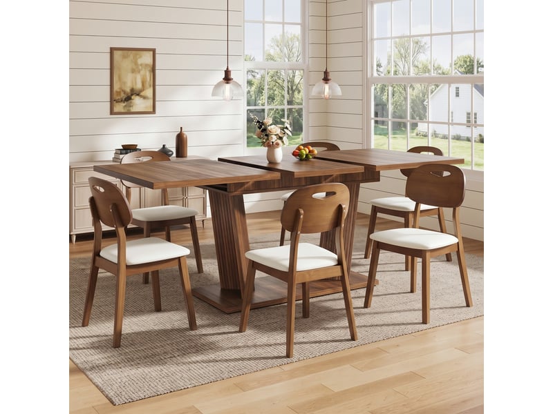  Ensemble table extensible et 6 chaises effet bois massif – dossier ovale, assise rembourrée, pieds antidérapants réglables – marron foncé  - Conforama D