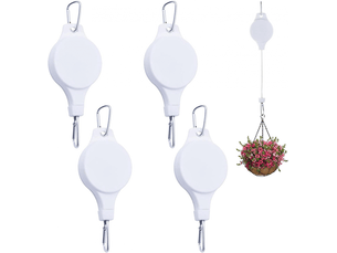 Crochet rétractable 4 pièces blanc pour plantes suspendues, paniers, pots et mangeoires - réglable en hauteur, poulies incluses
