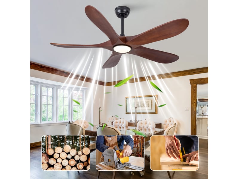  Ventilateur de plafond 52 pouces avec lumière led, 5 pales en bois, télécommande, 6 vitesses, noir bois foncé  - Conforama E