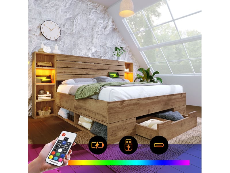  Lit double 180x200 cm avec rangement, led, usb-c, tiroirs et tête de lit chêne  - Conforama D