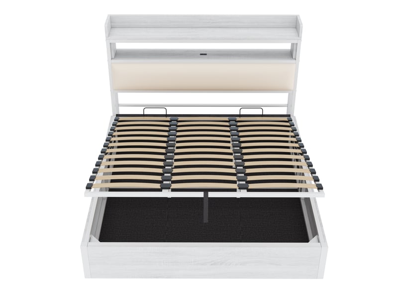  Lit coffre 180x200cm avec ports usb de chargement, design moderne épuré, métal et bois, blanc, sans matelas  - Conforama E