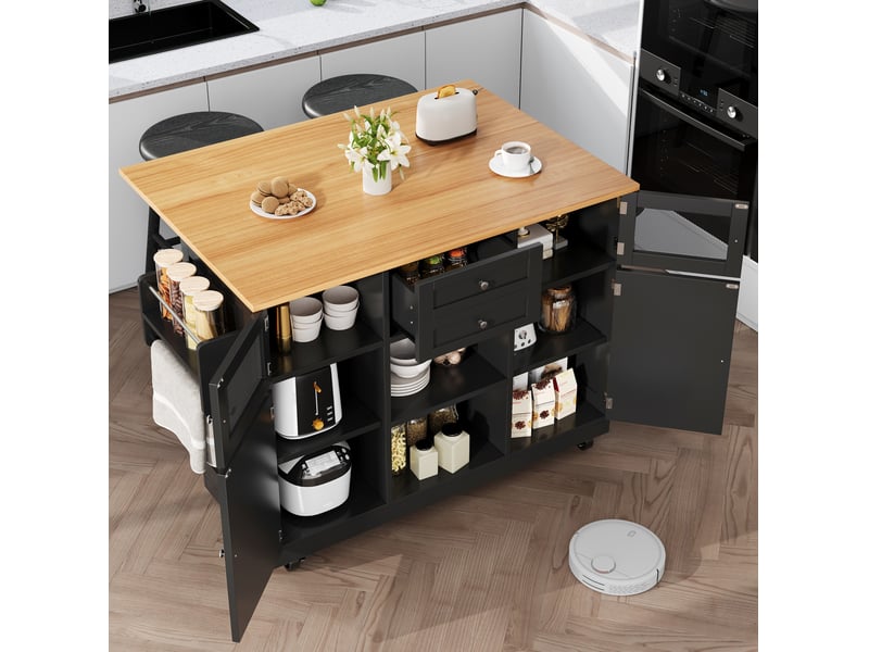  Desserte de cuisine 140 x 40 x 93,5 cm noire en mdf, plateau rabattable, roulettes verrouillables  - Conforama B