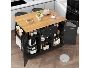 Desserte de cuisine 140 x 40 x 93,5 cm noire en mdf, plateau rabattable, roulettes verrouillables