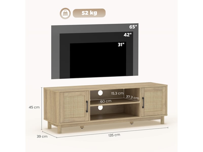  Meuble tv 135 cm, meuble télé pour téléviseur jusqu'à 65 pouces avec 2 portes en rotin, chêne, 2 compartiments ouverts  - Conforama C