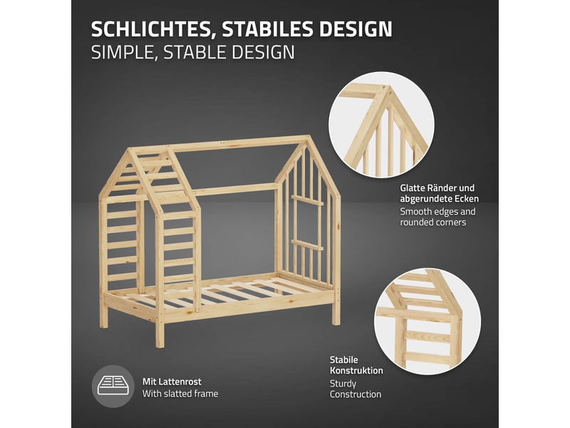  Ml-design lit cabane enfant avec matelas et sommier en bois de pin massif 70x140 cm, naturel, forme de maison avec toit et fenêtre, cadre montessori robuste pour filles et garçons, charge max. 80 kg ECD Germany GmbH - Conforama D