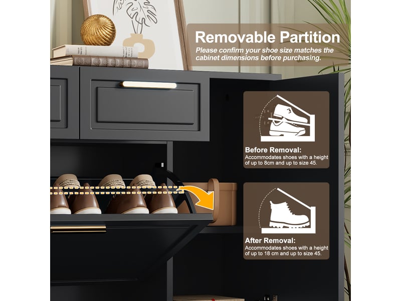  Meuble à chaussures avec 2 tiroirs, portes et étagères réglables en mdf 95×24×107 cm noir  - Conforama C