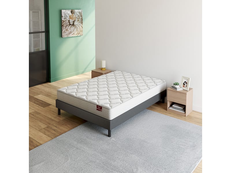 Sommier Tapissier 140x190cm Avec Pieds - Pour Lit 2 Places, Lattes Bois, Tissu Blanc