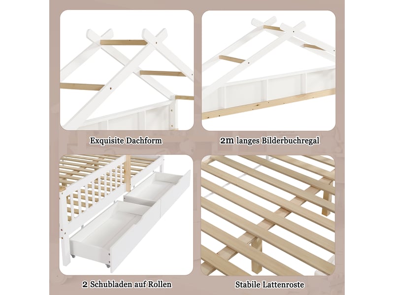  Lit cabane enfant 200×140 cm avec 2 tiroirs sur roulettes et barrières de protection, sans matelas, blanc et bois naturel  - Conforama E
