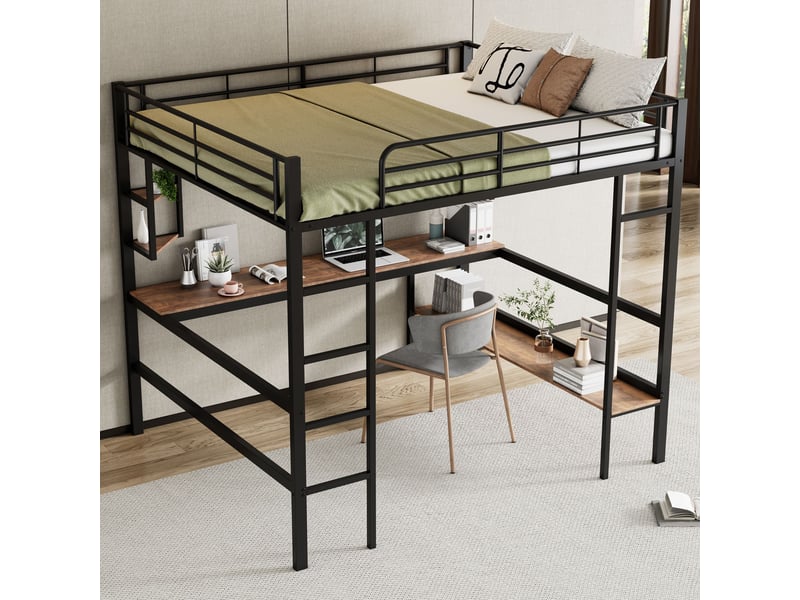  Lit mezzanine noir 140x200cm avec rangement, échelle, bureau et étagères, 5 étagères, sécurité renforcée - fer - pour enfant ado  - Conforama C