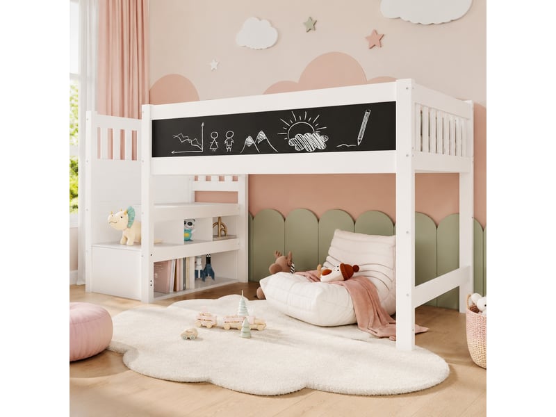  Lit mezzanine enfant 90 x 200 cm avec escalier de rangement et tableau, blanc  - Conforama B