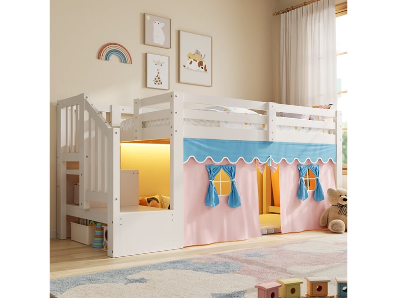 Lit mi-hauteur, 90 × 200 cm, blanc, bois de pin, rangement intégré, sans matelas, armoire intégrée, escalier avec rangement - Conforama B