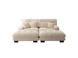Canapé droit cloud 2 places, chenille beige, coussins lombaires et décoratifs, larges accoudoirs, 2 ottomans
