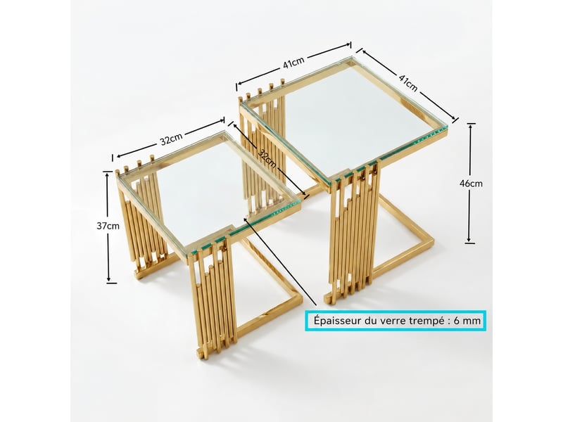 Table basse muvano lot de 2 tables d'appoint carrées avec plateau en verre trempé transparent et pieds dorés 41 x 41 cm - Conforama E