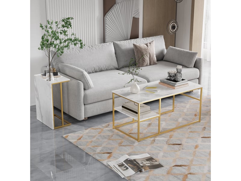  Tables basses - 105x52x48.5cm - gigognes rectangulaires effet marbre, set de tables avec piètement métal - doré  - Conforama C