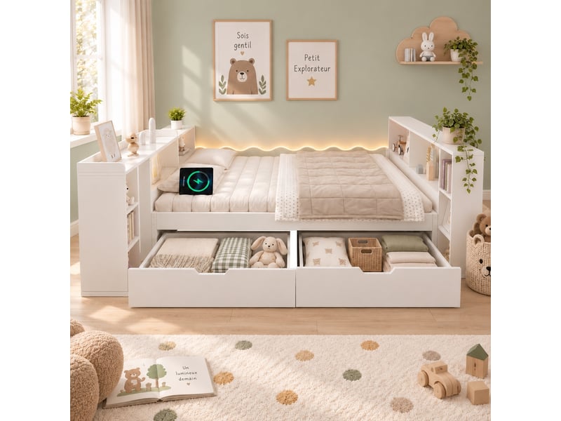Lit une place 90x200 cm avec deux tiroirs de rangement et bureau escamotable blanc - Conforama B