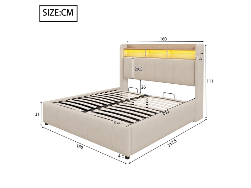  Lit coffre hydraulique rembourré 160x200 cm, tête de lit à rangement, led multicolore, usb rapide et usb-c, sommier à 24 lattes, lin beige Radiant Stride - Conforama C