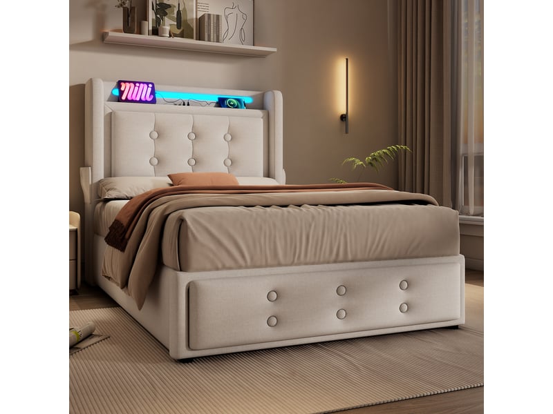 Lit coffre enfant 90x200 cm avec led, port usb type-c, cadre en métal et sommier, coton lin, beige, sans matelas - Conforama B