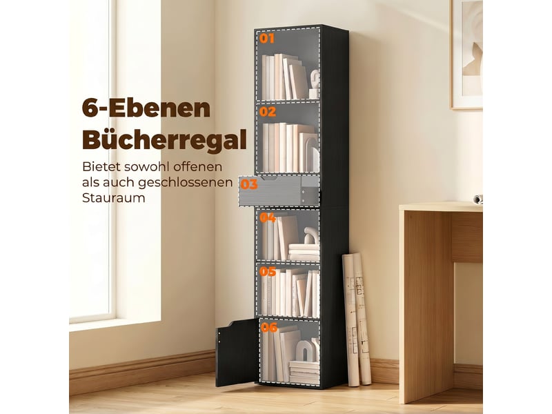  Bibliothèque à 6 étagères avec tiroir et étagère réglable, meuble de rangement autoportant, 30 x 24 x 158 cm, noir  - Conforama D