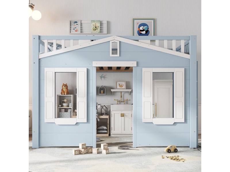 Lit mezzanine 90x200cm, lit enfant avec fenêtre et échelle modulable, en bois de pin et mdf gain de place, blanc et bleu - Conforama C