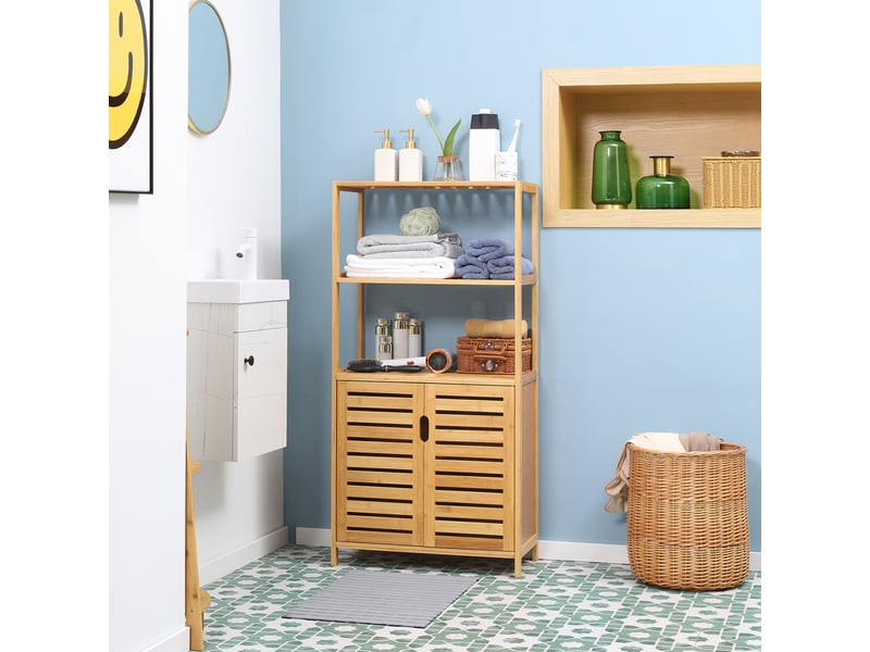  Meuble de salle de bain avec 2 étagères ouvertes et un placard en bambou à 2 portes, 60 x 30 x 120 cm  - Conforama D