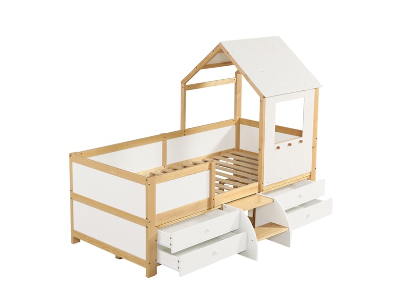  Lit maison pour enfant surélevé avec fenêtre, tiroirs de rangement et escalier, 90x200cm, blanc naturel  - Conforama A