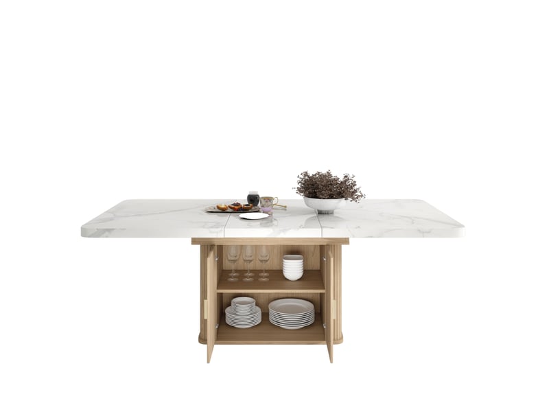 Table à manger extensible 150200x90x75 cm, 6 à 8 places, rangement, plateau 28 mm mdf, blanc marbré et chêne clair - Conforama A