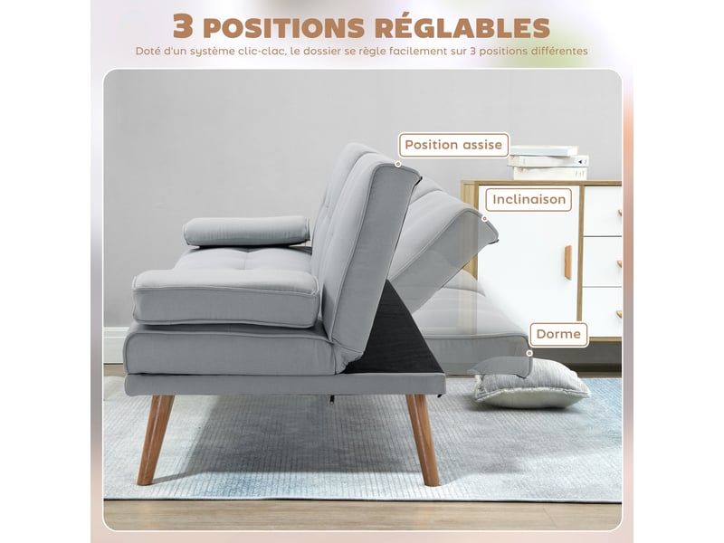Canapé convertible 3 places, canapé-lit rembourré avec dossier réglable 3 niveaux, 2 coussins et 2 porte-gobelets intégrés, tissu de lin, pour salon, chambre d'amis, gris clair, petit espace - Conforama E