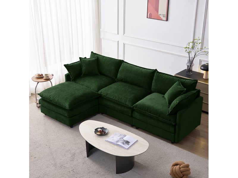  Canapé d'angle modulable 3 places en tissu vert avec pouf mobile, confort familial pour votre salon  - Conforama E