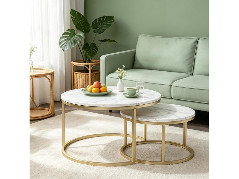  Tables basses gigognes ulevr rondes 80 et 60 cm, lot de 2 en mdf effet marbre blanc et métal  - Conforama E