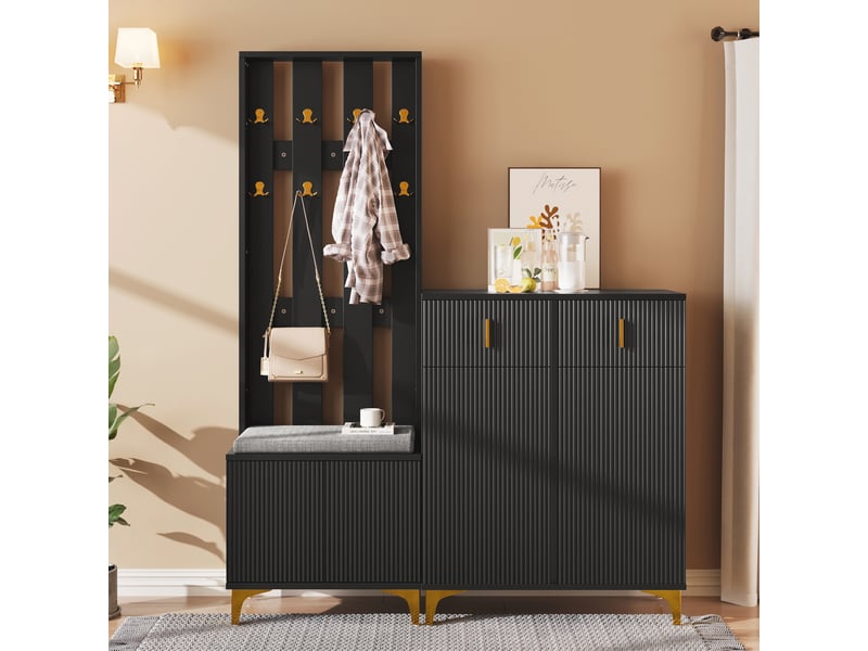 Vestiaire 60,2x35,2x180,5cm+83x35x101cm avec 2 tiroirs, 3 portes, crochets à vêtements, aggloméré, couleur noir - Conforama R