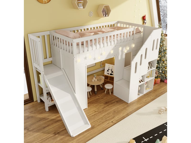 Lit superposé enfant 90x200 avec toboggan et escalier de rangement - bois massif blanc - Conforama B