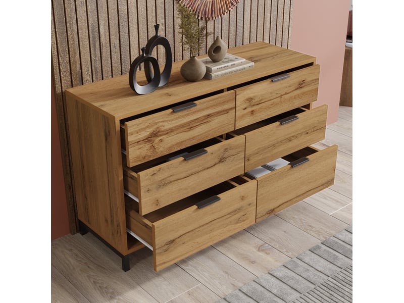 Commode avec 6 tiroirs, poignées et pieds en métal, finition chêne foncé, pour chambre et séjour, 120 × 40 × 76 cm - Conforama B